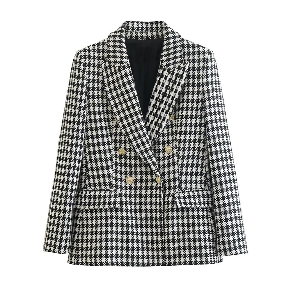 Dobbeltradet houndstooth-blazer til kvinder