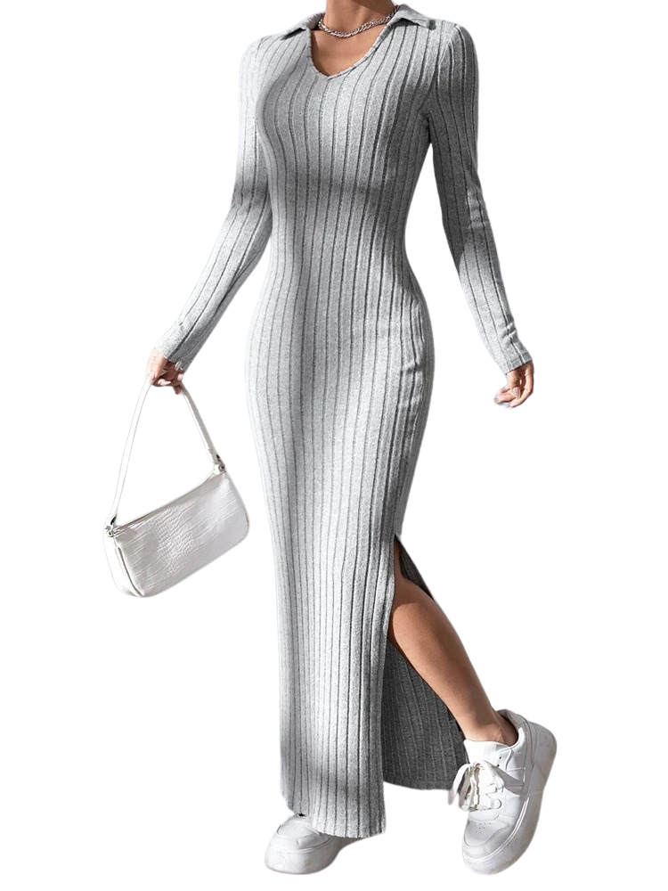 Strikket kjole med V-hals og fulde ærmer til kvinder