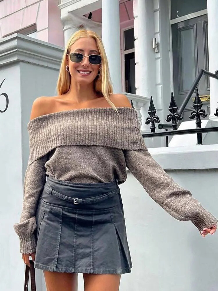 Off Shoulder strikket sweater til kvinder