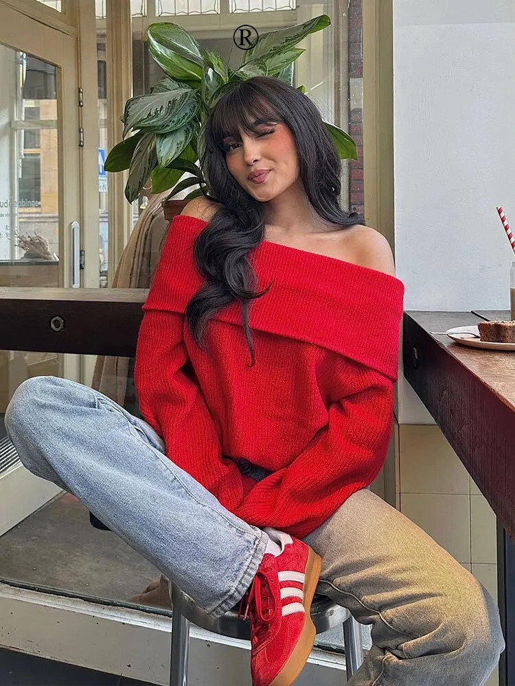 Off Shoulder strikket sweater til kvinder